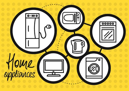 Icon set of home appliance with refrigerator, washing machine, gas stove, microwave, TV, electric kettle on yellow dotted backgroundのイラスト素材