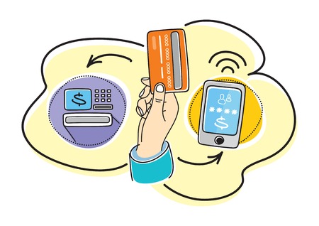 Business hand action concepts purchase dreams. Hand holding card near ATM near phone where dials password. Internet Banking conceptのイラスト素材