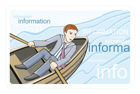 Busines man sitting in boat and sailing on river of information. Knowledge concept in cartoon styleのイラスト素材