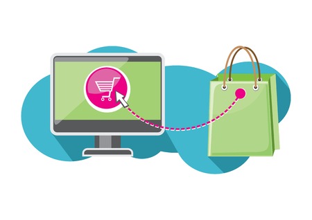 Internet shopping concept. Monitor with shopping cart on screen and close package from store cartoon design styleのイラスト素材