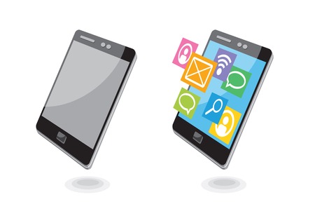 Mobile phone applications navigation communication isometric social network icons set with smartphone cartoon design styleのイラスト素材