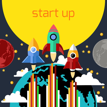 Business start up idea template. Start up rocket idea. New business project start up, launching new product or service in flat designのイラスト素材