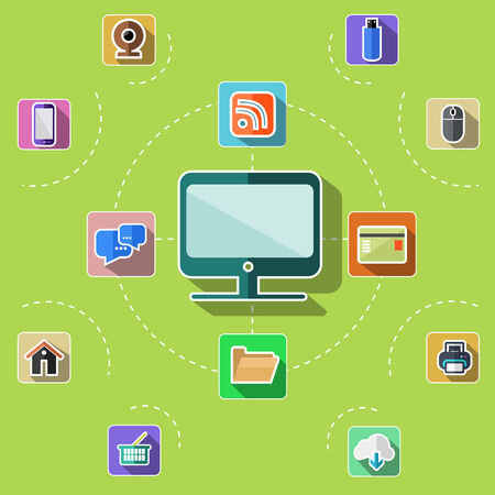 Flat design icon set with computer monitor surrounded icons of usb devices, web services, data transmission, mobile gadgets on green backgroundのイラスト素材