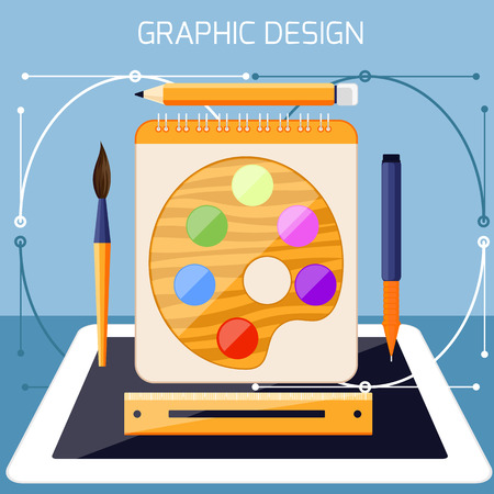 Concept for graphic design, designer tools and software in flat design with computer surrounded designer equipment and instrumentsのイラスト素材