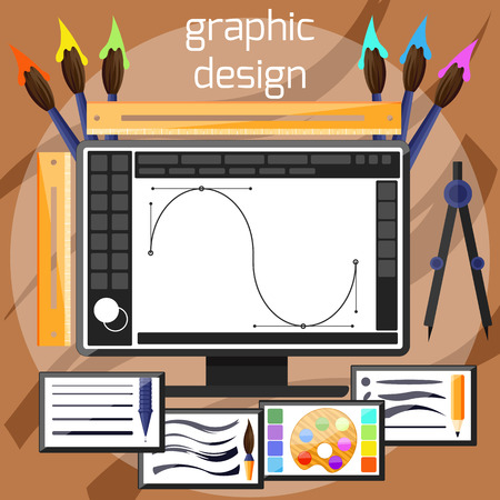 Concept for graphic design, designer tools and software in flat design with computer surrounded designer equipment and instrumentsのイラスト素材