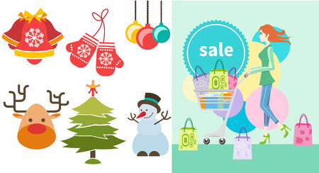 Shopping girl woman with trolley showing shopping bag with sale written on lable. Christmas and New Year icons bell gloves balls tree and snowman in cartoon design styleのイラスト素材