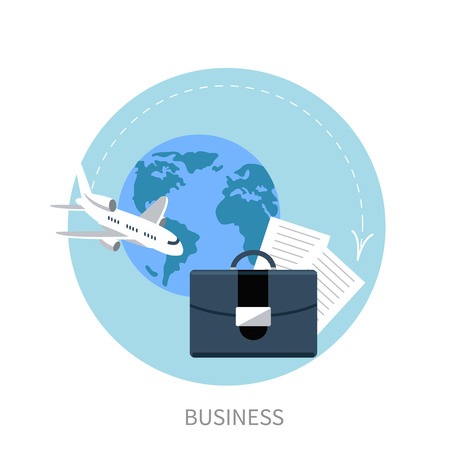 Round flat conceptual illustration of international business travel by airplane isolated on white backgroundのイラスト素材