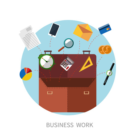 Concept of open brown briefcase with office supply, smartphone, calculator, watch, credit card, coins on blue background in flat designのイラスト素材