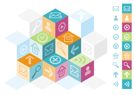 Cub box concept with office icons home page, search, download, wifi, email, user, play, doneのイラスト素材