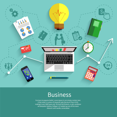 Analytics, business strategy and e-commerce illustration. Flat style concept of analysis and searching. Office item icons laptop with graphsのイラスト素材