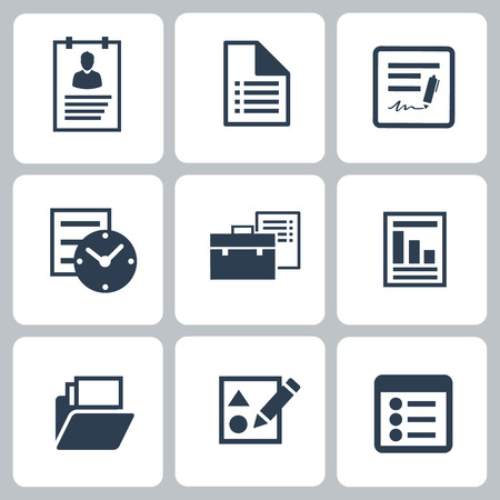 Business icons set briefcase, clock, notebooks and some office and business supplies in black color isolated on white backgroundのイラスト素材