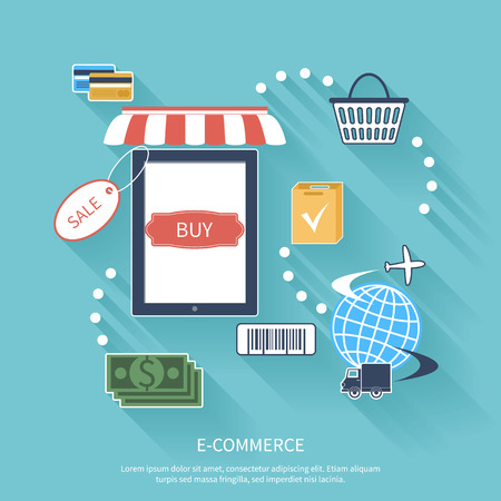 Internet shopping e-commerce concept smartphone with awning of buying products via on line shop store e-commerce ideas e-commerce symbols sale elements on stylish backgroundのイラスト素材
