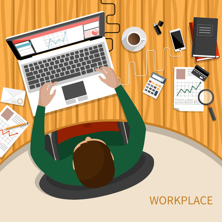Office workplace. Business man working with laptop and documents on table, top view. Flat design cartoon styleのイラスト素材