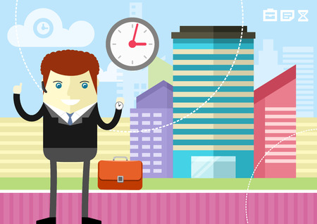 Happy businessman showing clock on city  background flat design styleのイラスト素材