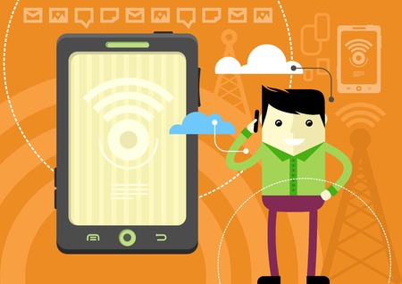 Mobile network concept. Happy man holding phone in his hand near head and talking flat cartoon design style.のイラスト素材