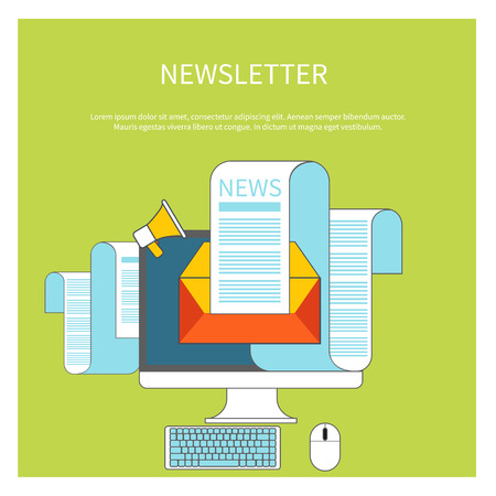 Web contact and business newsletter concept with an email envelope and newspaper. Regularly distributed news publication via e-mail with some topics of interest to its subscribersのイラスト素材