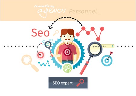 Profession concept with expert of search engine optimization seo and business development. Analytics information and management resources, growth charts and graphs in flat design styleのイラスト素材