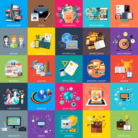 Icons set banners for applocation development, business seminar, business strategy, pay per click, brand design, business idea, adaptive development, analysis in flat designのイラスト素材