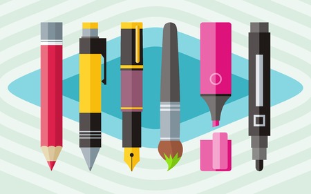 Big set of colored engineering and office pens and pencils in flat cartoon design styleのイラスト素材