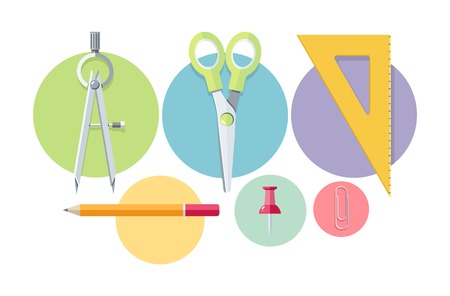 Set of stationery office tools marker, paper clip, pen, clip, pencil icons in flat design isolated on white backgroundのイラスト素材