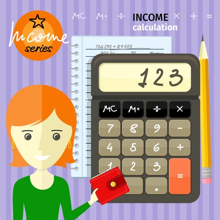 Income calculation concept. Savings, finances, economy in home concept close up of woman with purse near calculator counting money and making notes cartoon design styleのイラスト素材
