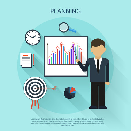 Flat design concept of businessman presenting development and financial planning on meeting conferenceのイラスト素材