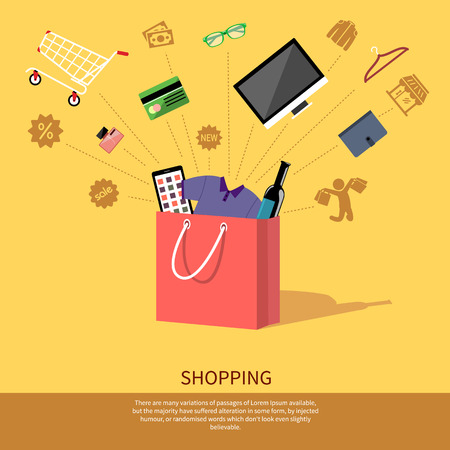 Concept for online shopping and e-commerce with shopping bag full of goods with discount and colorless shopping pictogramsのイラスト素材