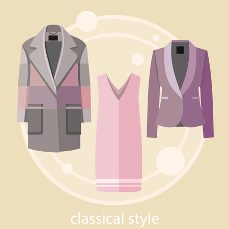 Set of summer and autumn classical style dresses clothes for office in fashion store. Concept in flat designのイラスト素材