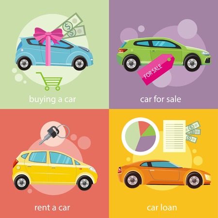 Car loan approved document with dollars money. Buying car concept. Gift car and red ribbon with dollars money. Car sale. Rent a car concept in flat designのイラスト素材