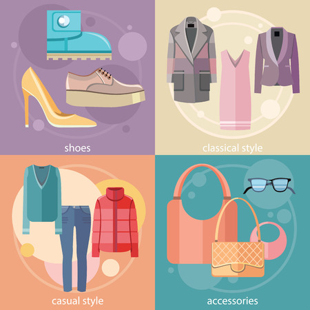 Fashion design clothes and accessories for woman decorative elements icons in flat design style on four multicolor bannersのイラスト素材