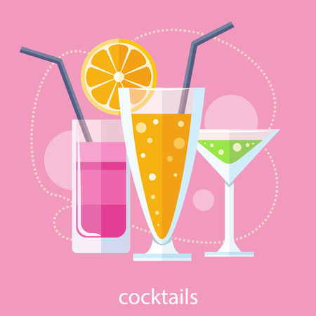 Cocktail drink fruit juice in flat design style. Retro style holiday cocktails. Set of alcoholic cocktailsのイラスト素材