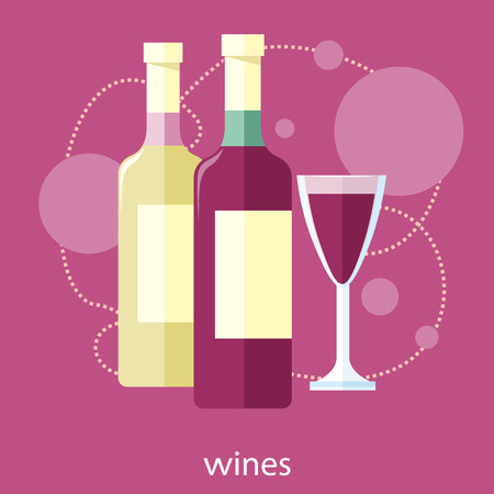 Wine glass and bottle. Vines item icons in flat design style on stylish backgroundのイラスト素材
