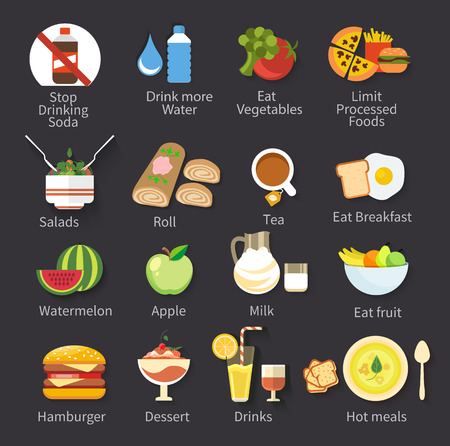 Food icons collection for restaurant menu isolated on black backgroundのイラスト素材