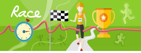 Winning athlete female crosses the finish line. Athletic woman running on track. Concept with item icons in flat designのイラスト素材
