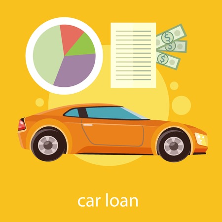 Car loan approved document with dollars money. Modern car on stylish background in flat cartoon design styleのイラスト素材