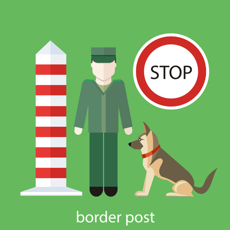 Officer custom control. Customs officer with the dog at the customs post. Concept in flat designのイラスト素材
