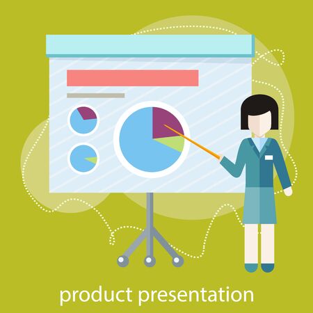 Flat design concept of businesswoman presenting development and financial planning on meeting conference. Product presentationのイラスト素材