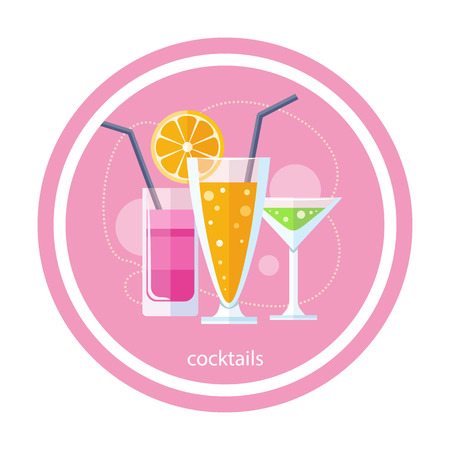 Cocktail drink fruit juice in flat design style. Retro style holiday cocktails. Set of alcoholic cocktailsのイラスト素材