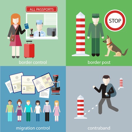 Man carries contraband in bag. Migration control. Group of people with stamps in passports. Woman gives a passport to check customs officers. Customs officer with dog at customs postのイラスト素材