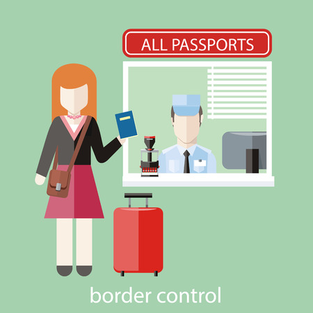 Border control concept in flat design. Woman gives a passport to check customs officersのイラスト素材