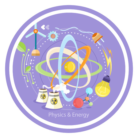Science and physics energy icons set. Chemistry, physics, biology. Concept in flat design cartoon style on stylish backgroundのイラスト素材