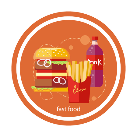 Fast food icons of french fries hamburger soda drink in flat design on stylish banner backgroundのイラスト素材