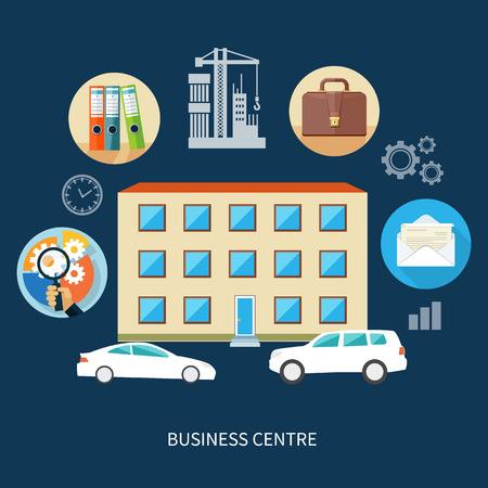 Modern business center concept with item icons in flat design. In front of the business center are carsのイラスト素材
