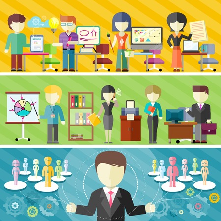 Dynamic business team concept in flat design. Teamwork in office, freelance concepts on banners. Main project manager manages teamworkのイラスト素材
