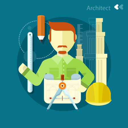 Vertical portrait of a happy architect constructor worker at his work place with tools for drawing. Concept in flat designのイラスト素材