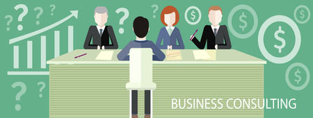 Business partners sitting at table and discussing documents and ideas at meeting. Business consulting concept. Concept in flat design style. For web banners, marketing and promotional materials, presentation templatesのイラスト素材