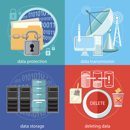 Deleting data files from folder to recycle bin. Yellow folder and lock. Data security concept. Satellite dish transmission data. Cloud computing, render farms, data centers, servers, high-performance workstations and networksのイラスト素材