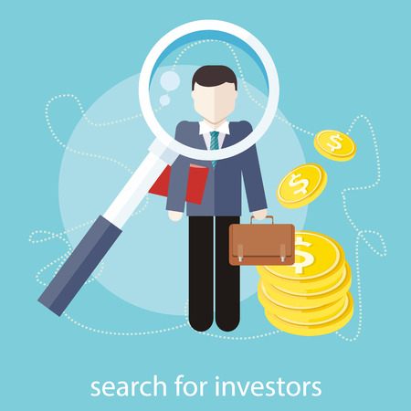 Investment analysis concept with magnifying glass and businessman with briefcase and dollar bills. Search for investors concept in flat designのイラスト素材