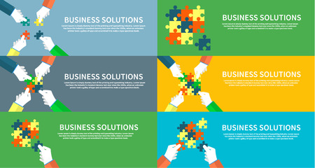 Business solutions concept. Person making a puzzle. A hand puts proper puzzle. Businessman assembling jigsaw puzzle. Business conceptのイラスト素材