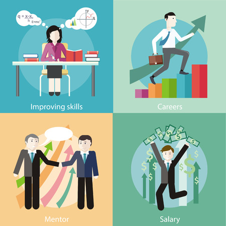 Happy young business man enjoying dollar rain. Financial adviser or business mentor help team partner up to profit growth. Improving skills. Business man with case rises to top step of stairs.のイラスト素材